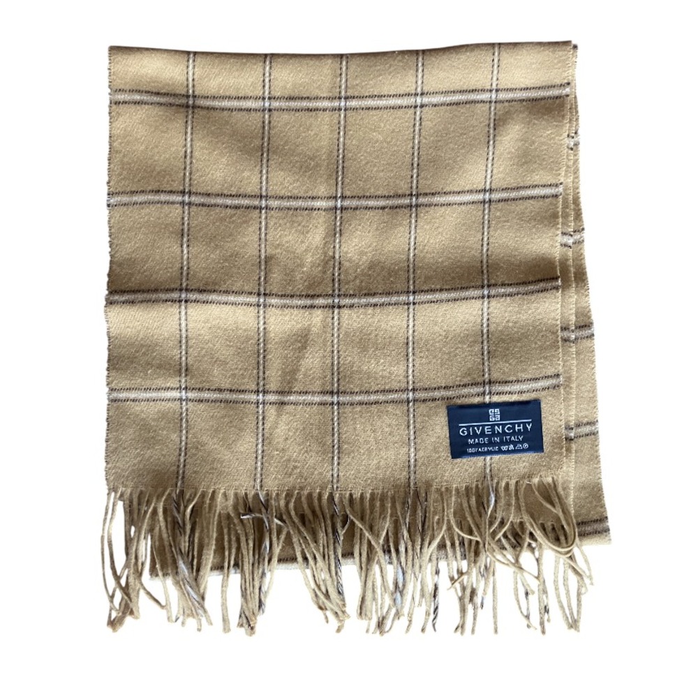 GIVENCHY Made in Italy ACRYLIC KNIT SCARF Unisex Men's TAN PLAID Fringe Trim